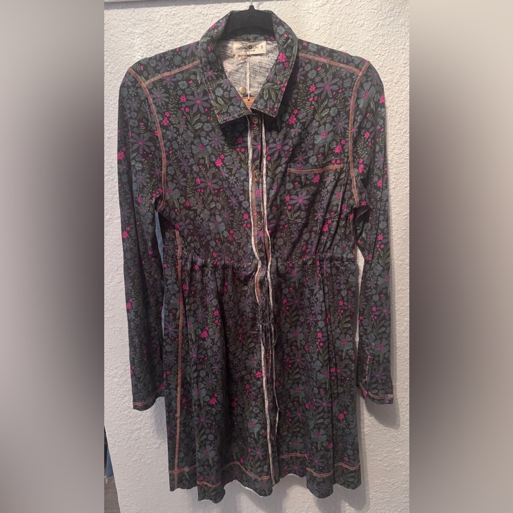 Floral Drawstring Button-Up Dress in Dark Green and Pink
